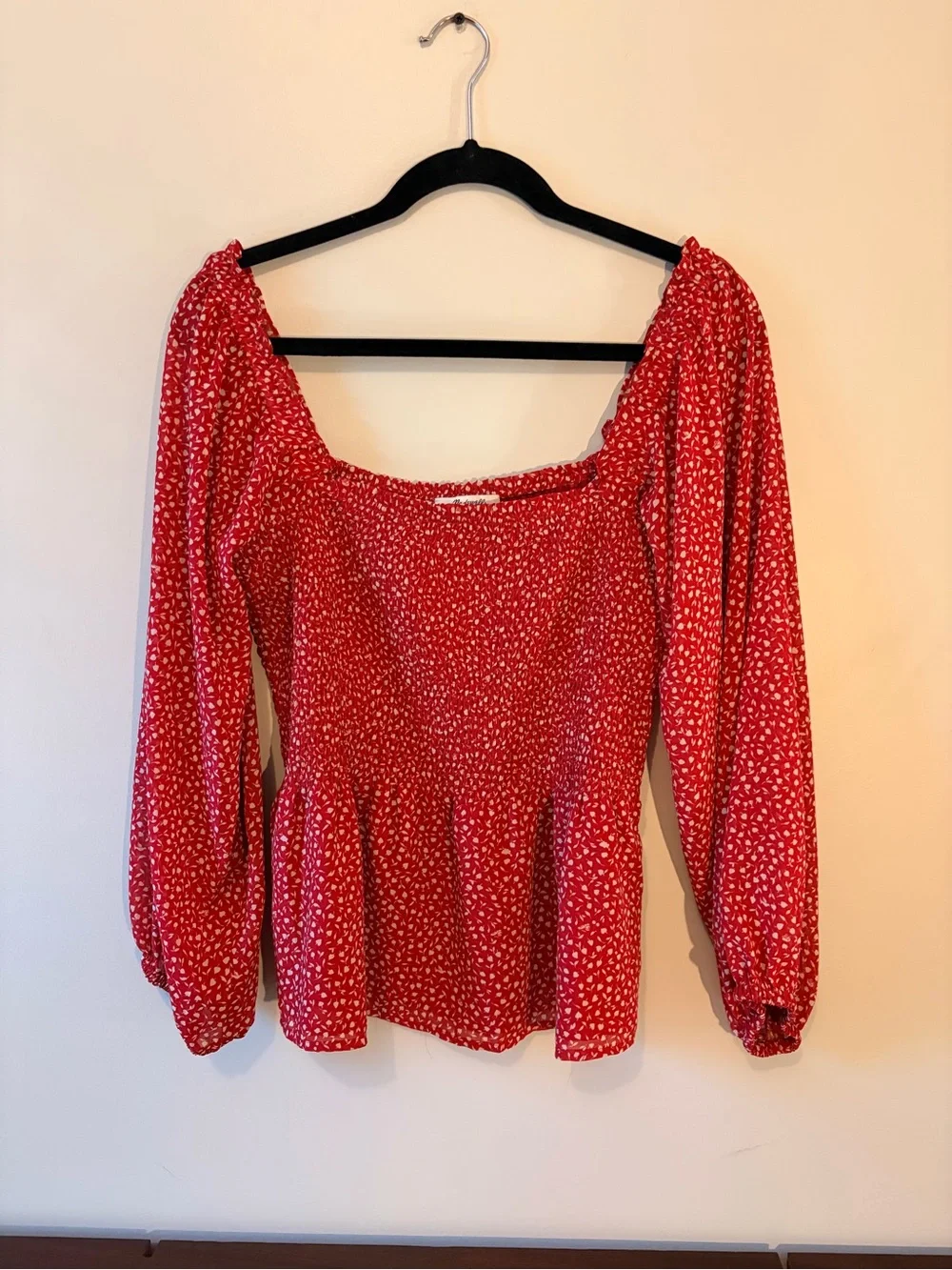 Madewell Red Ditsy Smocked Peasant Blouse Size 6